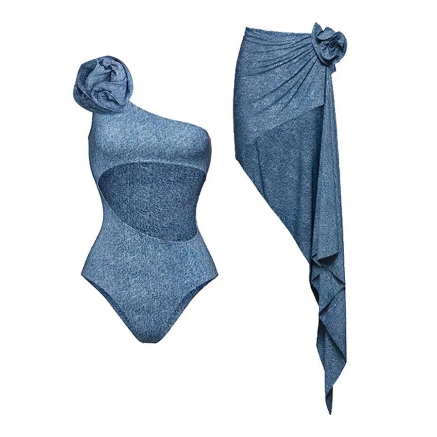 Flower Decorative One-shoulder Hollow Soft Cowboy Siamese Swimsuit - Bellarte Enchanté Flower Decorative One-shoulder Hollow Soft Cowboy Siamese Swimsuit